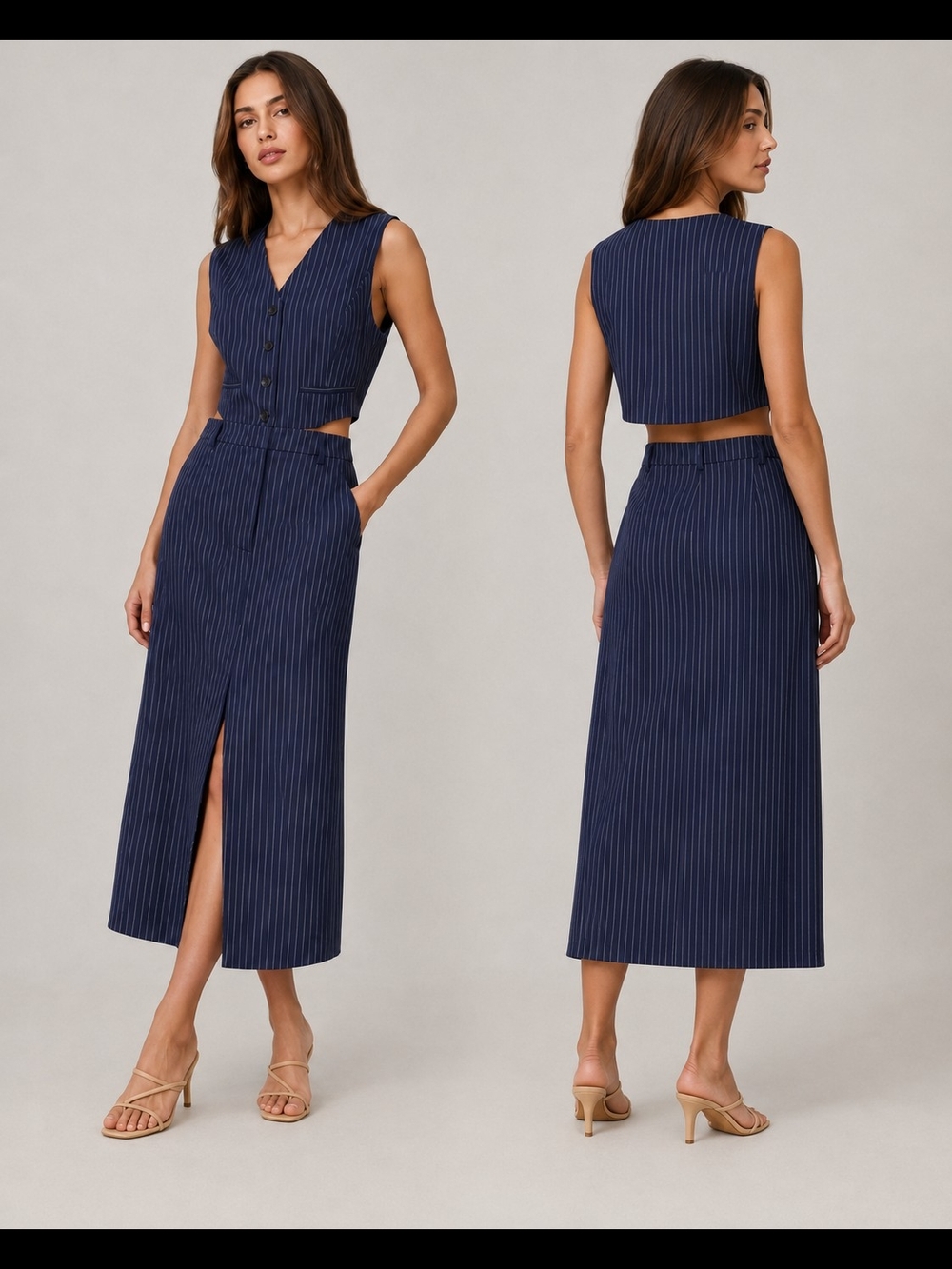 GREY LAB Vest Cutout Midi Dress Navy Pinstripe Tailored Anthropologie